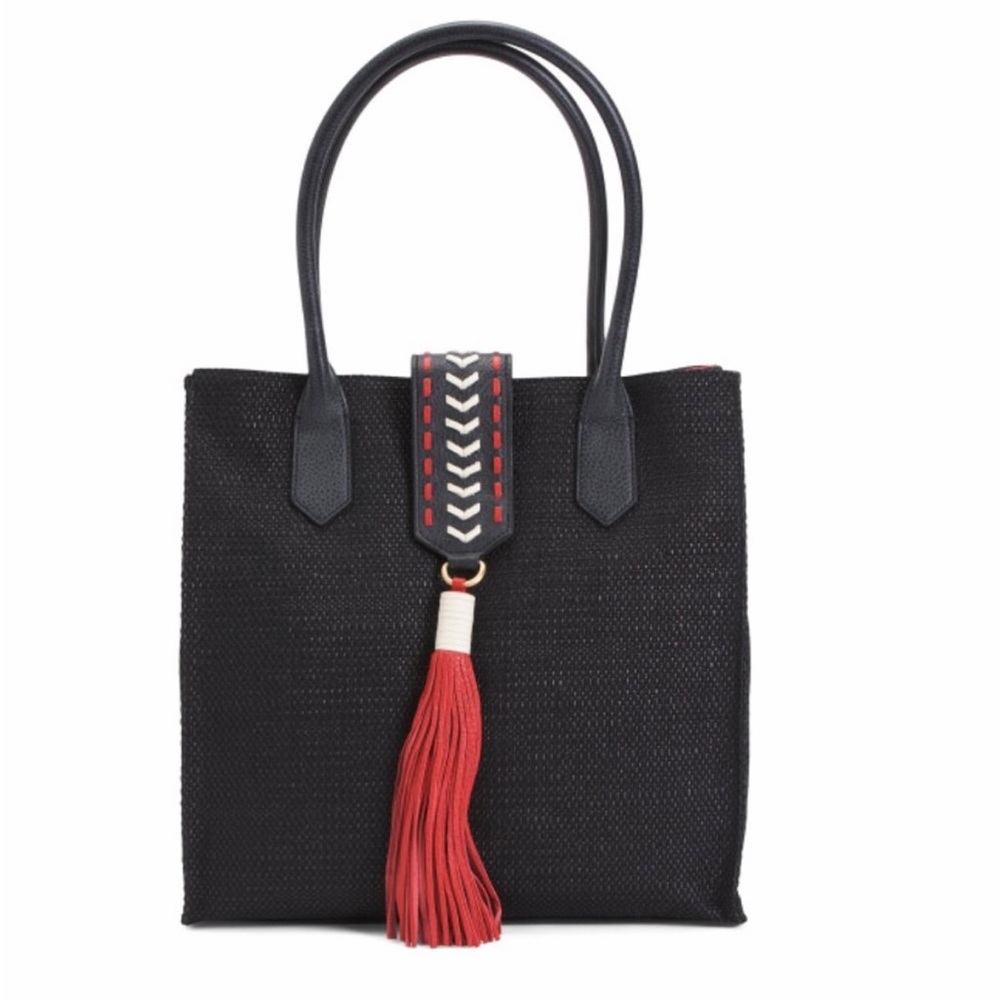 Badgley Mischka Large Straw & Leather Toto Black / Red Trim